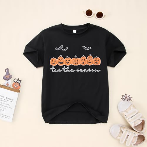 Image of Girl Boy Halloween Shirt Kids Cute Pumpkin Face Graphic T-Shirt Tis The Season Spooky Short Sleeve Tee Top 7-12 Years
