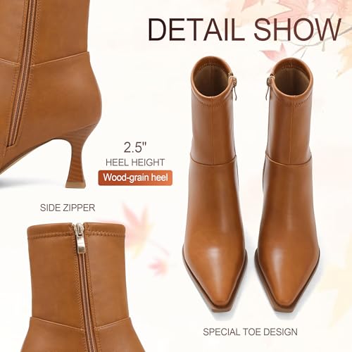 Image of Womens Brown Suede Fall Boots with Side Zip, Ankle, Mid Calf, Pointed Toe, Kitten Heel, Dressy, Short Boots