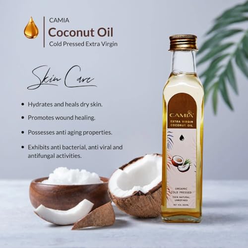 Image of CAMIA - 100% Organic Cold Pressed Coconut Oil for Skin & Hair | 100% Pure & Natural Hair Oil | Skin Hydration & Nourishment | Premium Skin Care | Ideal for Skin & Hair Care | 1000 ML Glass Bottle