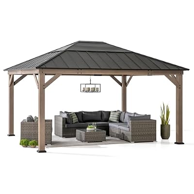 Sunjoy Hardtop Gazebo 13 x 15 ft. Standard Cedar Framed Wood Gazebo, Outdoor Patio Gazebo with Dark Brown Steel and Polycarbonate Hip Roof and Ceiling Hook, Dark Brown Roof + Dark Wood Frame