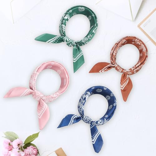 Image of Fishinsea 4 Pcs 27.5'' x 27.5'' Satin Silk Head Scarf Hair Scarves Large Bandanas Neck Scarf for Women Girls