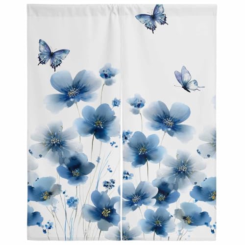 のれん 目隠し 遮光 暖簾 間仕切り 春 水彩画 花 ちょう 青 厚手 防寒 防音 断熱 ロング 半間のれん リビング 和風 カーテン プライバシー保護 玄関 キッチ リビング 飲食店 出入り口 室内インテリア 温泉 施設向け バスルーム 階段 脱衣所 北