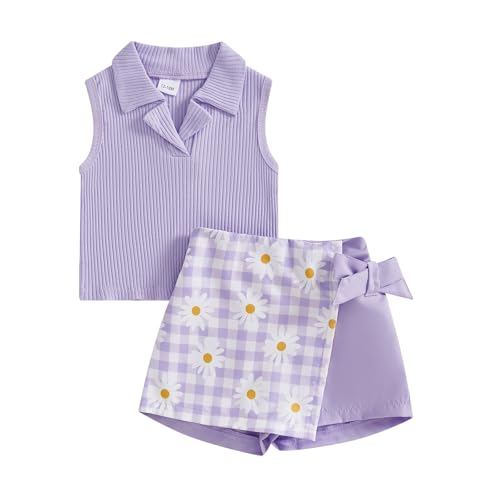 Ayalinggo Toddler Baby Girl Outfit Solid Color Knit Ribbed Sleeveless Collared Tank Tops Floral Shorts Set Kid Summer Clothes (Purple, 4-5T)