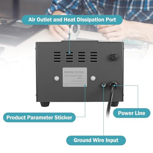 Stazione di saldatura ad aria calda 1000 W di grado industriale, display LCD, ventola CC senza spazzole per riparazione elettronica e dissaldatura, velocità del flusso d'aria 250 cm/s