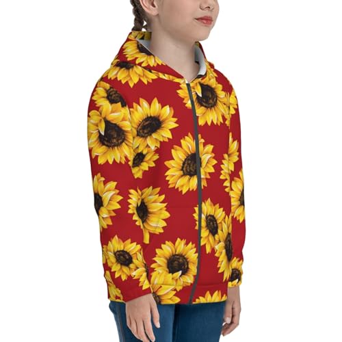 Sunflowers On Red Kids Pullover Hoodies Boys Zip Up Sweatshirts Girls Athletic Clothes with Pocket4