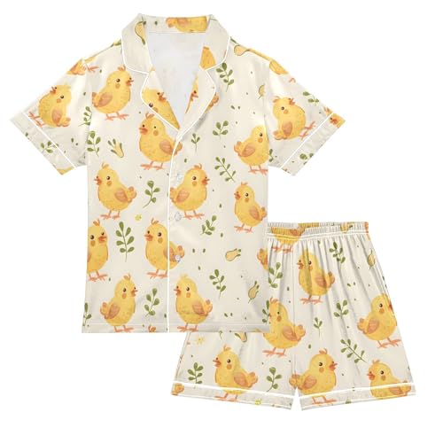 ALAZA Cartoon Chick Leaves Pajamas Satin Pajama Set Short Sleeve Button Down Sleepwear