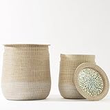 Round Seagrass Laundry Hamper with Lid, 2-Piece Set - Eco-Friendly Storage Basket for Clothes, Toys, and More - Natural Woven Design for Home, Bedroom, Bathroom