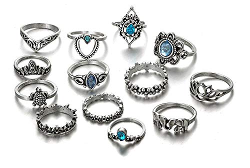 KIT ANÉIS FALANGE JOIAS PRATEADO TARTARUGA CRISTAL AZUL COM 13 ANEIS T5670