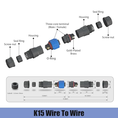 AOHUA 5-Pack K15 IP68 Waterproof 3-Pin Connector - Quick Docking 300V/10A Male/Female Electric Plug Socket for 5.5-10mm Cables, Industrial/Aviation Grade (AH-K25-3502MMZ/FFZ01222) by AOHUA - Image 5