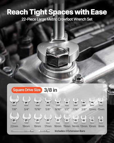 Image of VEVOR Crowfoot Wrench Set, 3 /8 inch Drive, 22-Piece Metric and SAE Size Crows Foot Wrenches, CR-MO Alloy Steel, with Storage Tray, Dual Size Markings on Tools and Tray, for Auto Maintenance or Repairs