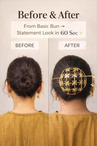 Image of Handcrafted Brass Bahara Hair Bun Cage with Stick for Women | Anti-Tarnish Juda Cover | Traditional Golden Hair Bun Accessory for Bridal, Wedding, Festive, Ethnic & Classical Dance Wear