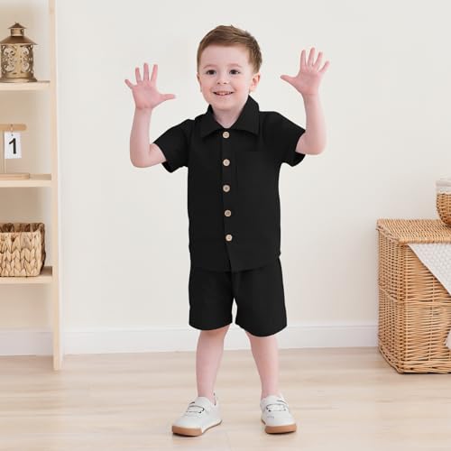 Neutocd Toddler Baby Boy Summer Clothes Cotton Linen Short Sleeve Solid Button Down Shirt Shorts Set Outfits with Pockets3