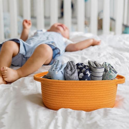 Image of Small Orange Woven Gift Basket, Baskets for Gifts Empty, Cotton Rope Cat Dog Toy Bin Box, Baby Nursery Organizer, Easter Basket with Handle, Shelf Storage Bin, Orange Room Decor, 12 inchx 8 inchx 5 inch