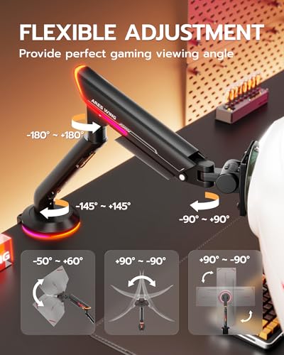 Image of Single Gaming Monitor Arm for 24 inch-57 inch Screens with RGB, Up to 60 lbs, Black | Full Motion Computer Monitor Mount, Heavy Duty Gas Spring Desk Stand with VESA 75x75 to 200x200, with C Clamp, Grommet Base