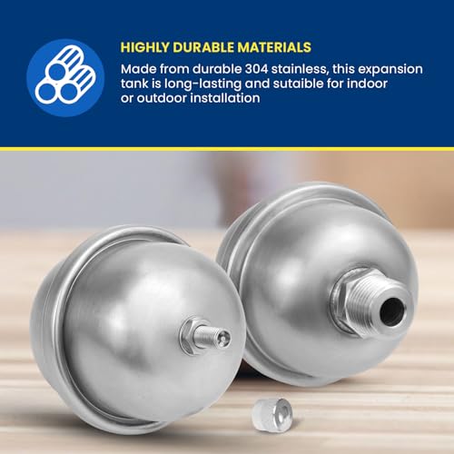 Supply Giant 2 Gallon Capacity Mini Thermal Expansion Tank for Tankless or Point-of-Use Water Heaters, 304 Stainless Steel, Pre-set at 50 PSI, Max Pressure 145 PSI