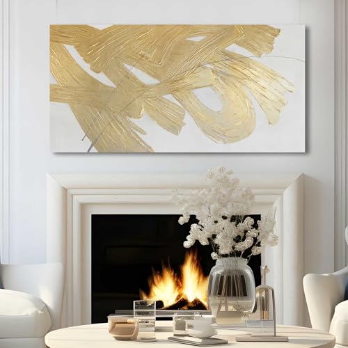 Image of Gold Abstract Wall Art White and Gold Modern Framed Painting Texture Artwork for Living Room Office Dining Room Pictures 24x48 Inch Hand Painted