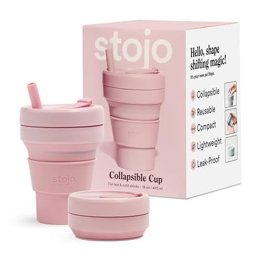 Stojo Collapsible Coffee Cup | Reusable To Go Large Pocket Size Travel Cup – Carnation Pink, 16oz / 470ml | With Straw