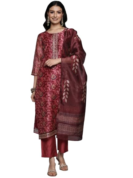 Image of Varanga Women Floral Printed Kurta Pant Set with Dupatta | Silk Blend Fabric | Summer Wear | 3 /4 Sleeve Round Neck | Lightweight & Comfortable Daily Wear