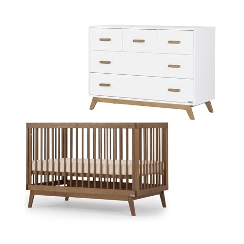 dadada Soho Baby Nursery Furniture Set. Baby Crib and Dresser Set Combo. Soho 3 in 1 Convertible Crib and Matching 5 Drawer Dresser. Walnut Beechwood