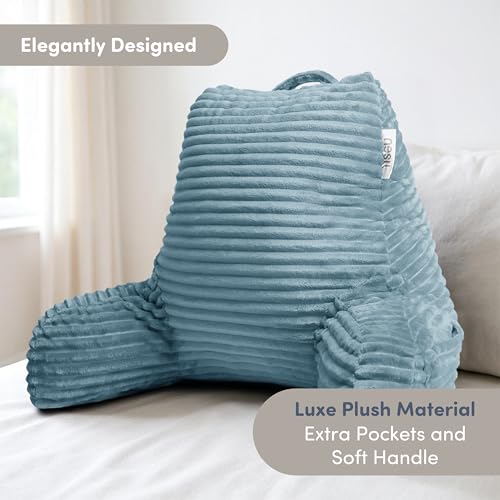Image of Nestl Reading Pillow with Shredded Memory Foam, Luxe Cut Plush Back Pillow for Sitting Up in Bed, Back and Arms Adjustable Support for Adult & Teens, Backrest Pillows with Washable Cover Stone Blue