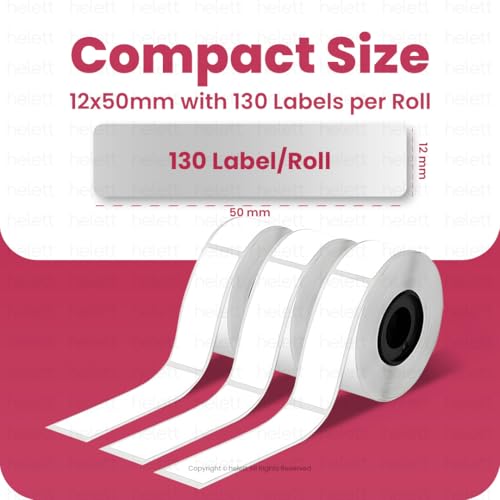 Image of Helett HE24 Compatible Label Tape - 12mm x 50mm (15 /32 inch x 1 31 /32 inch) | Direct Thermal Self-Adhesive Labels | 130 Labels Per Roll | Designed for HE24 Printer (No NFC Tag Required) | Pack of 3 Rolls