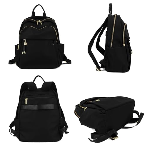 Medium Backpack Purse for Women, Fashion Nylon Daypack with Gold Hardware, Lightweight Water-Resistant Rucksack for College, Work, Travel, Everyday Use, Fits 13–14" Laptop (Black, Medium)3