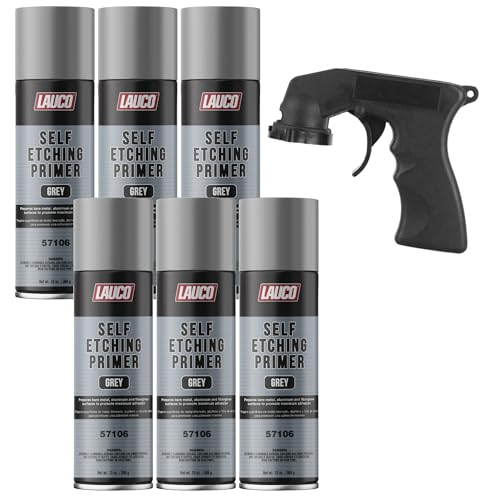LAUCO Self Etching Primer Grey Aerosol Spray Can With Aerosol Spray Gun - Pack of 6 - Automotive and Industrial Primer - Great for use on Bare Metal Areas Before applying Truck Bed Liner (57106)