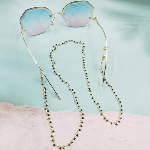 Image of Beaded Eyeglass Chain Holder, Gold Stainless Steel Chains with Black Crystal Beads, Sunglasses Strap