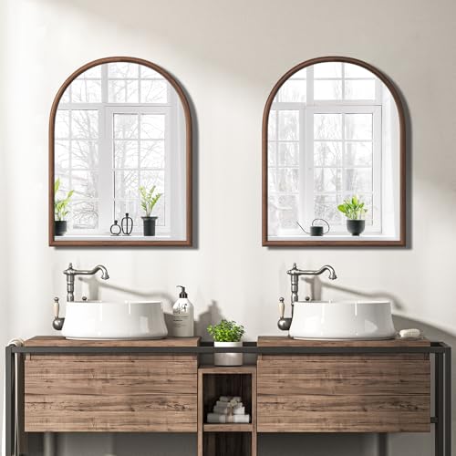 Image of 24 inchx32 inch Arch Wall Mirror for Wall, Wall Mounted Vanity Mirror for Bedroom, Wood Grain Finish Frame Mirror with Tempered Glass, Vintage Decorative for Bathroom, Entryway, Living Room, Walnut