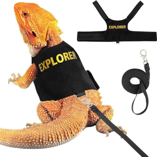 Image of Bearded Dragon Harness and Leash Set - Cute Lizard Reptile Small Animal Adjustable Harness Clothes with Short Leash for Walking Outdoor (Black)