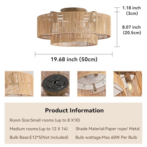 20'' Rattan Boho Ceiling Fan with Light, Enclosed Caged Ceiling Fans with Lights and Remote Control, Coastal Flush Mount with Reversible 6 Speeds for Living Room Bedroom Kitchen - Image 6