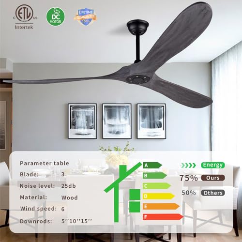 72 Inch Ceiling Fan Without Light ,Wood Outdoor Ceiling Fans for Patios Living Room Gazebo Modern Exterior Extra Large Waterproof Ceiling Fan No Light with Downrod(Grey)