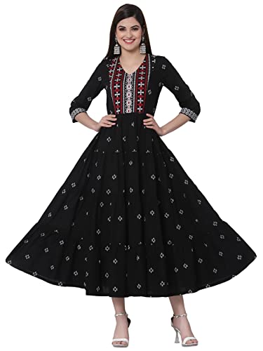 Image of Rangavali Black Tiered Dress for Women | Western A-Line Embroidery Maxi Long Dresses for Womens | Mangalgiri Cotton 3 /4 Sleeves 1 Piece Dress for Ladies | All
