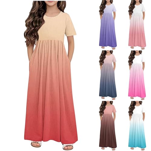 Gradient Maxi Dress for Girls Casual 2025 Summer Short Sleeve Crew Neck Swing Long Beach Dresses with Pockets for 4-14 Years2