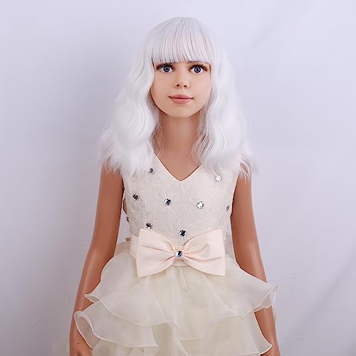 Image of PATTNIUM Kids White Wig Short Curly Wavy White Girls Wig with Bangs Bob Synthetic Hair Wigs