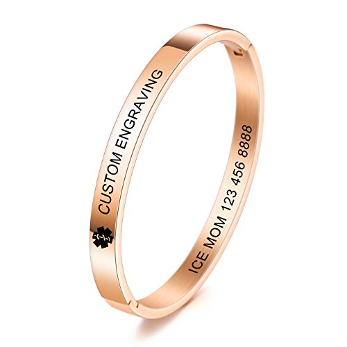 MOWOM Medical Grabado Personalizado Alerta De Emergencia Médica Brazalete Nombre Identificación De Identificación para Mujeres Chica Acero Inoxidable - (Pequeño Tamaño, Oro Rosa Color, Personalizar*) Cover