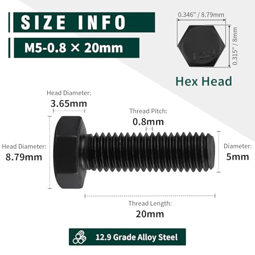 Image of M5-0.8 x 20mm Hex Bolts, High-Strength Metric Class 12.9 Steel Hex Head Screws for Valves Pumps Motors Automotive Suspension Systems, Black Oxide, Full Thread, 50-Pack