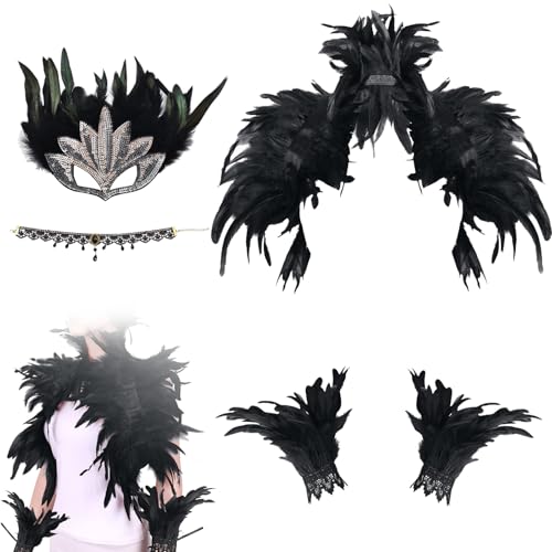 ZITUZY Schwarze Federumhang mit Feder-Manschetten Spitzenhalskette Federmaske, Maskerade Cosplay Kostüm, Gothic Feder Achselzucken Schal für Damen...