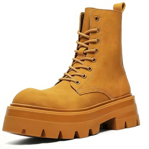 Men's Leather Platform Lace Up Combat Boots Fashion Side Zipper Chunky Heel Lug Sole Motorcycle Boots Anti-Slip High Top Biker Ankle Booties