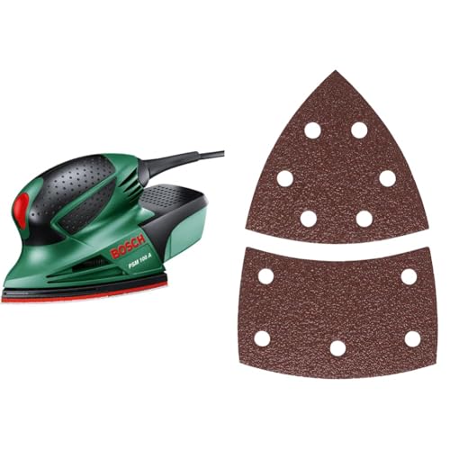 Bosch Home and Garden Levigatrice Multifunzione PSM 100 A, 100 W, in Valigetta + 2609256A63 10 Fogli Abrasivi per Levigatrice Palmare 11 Fori, 102x62, 93mm, Grana 80