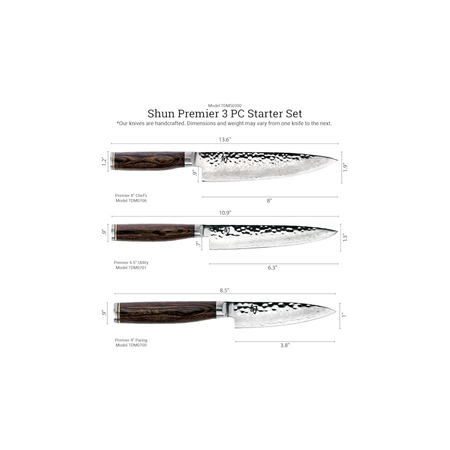 Shun Premier 3 Piece Starter Set, Includes 8" Chef, 4" Paring & 6.5" Utility Knives, Handcrafted Japanese Knife Set, VG-MAX Core with Damascus Stainless Steel Cladding, Pakkawood Handle