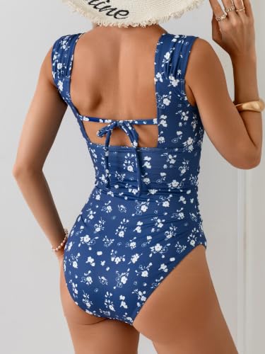 Image of B2prity Women's One Piece Swimsuit Tummy Control Full Coverage Bathing Suit | Retro Square Neck,Ruched Details,Wide Straps,Tie-Back,Modest