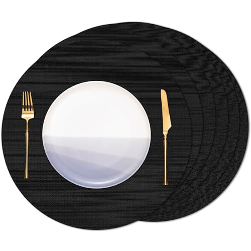 Banchif Manteles Individuales Redondos Manteles Individuales Juego de 6 Lavables Salvamantele Individuales Resistentes al Calor Antideslizante Diámetro 38 cm (Negro, Redondos Juego de 6)