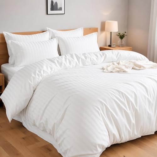 4AS Single Duvet Cover Set with Pillowcase - Soft Microfiber Striped Bedding Set Wrinkle Resistant Quilt Cover with Durable Button Closure (White 137x200cm)