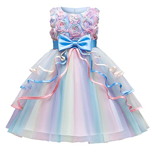 NNJXD Blume Mädchen Bunt Prinzessin Kleid Tutu Geburtstag Hochzeit Party Formelles Kleid Größe(110) 3-4 Jahre 736 Blau-A Cover