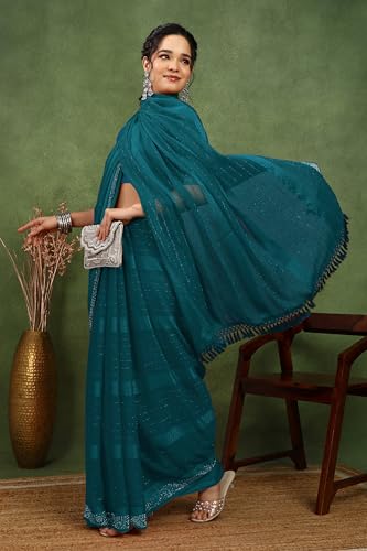 Image of MIRCHI FASHION Saree for Woman Georgette Solid with Satin Stripes | Stone Border Farewell and Ceremonial Sari with Blouse Piece