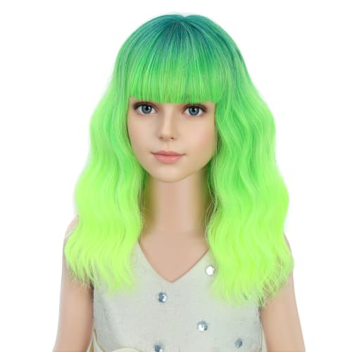 Image of PATTNIUM Neon Green Wig for Kids Child Short Curly Wavy Wig with Bangs Ombre Green Wigs Girls Lime Green Synthetic Wigs for Cosplay Costume Party