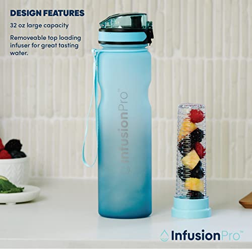 Infusion Pro 32 oz Fruit Infuser Water Bottle with Time Marker - Flip Top Locking Lid, Insulated Sleeve & 50 Recipe Fruit Infusion Water eBook : Leak Proof : for Gym, Sports, Travel : Unique Gift Idea