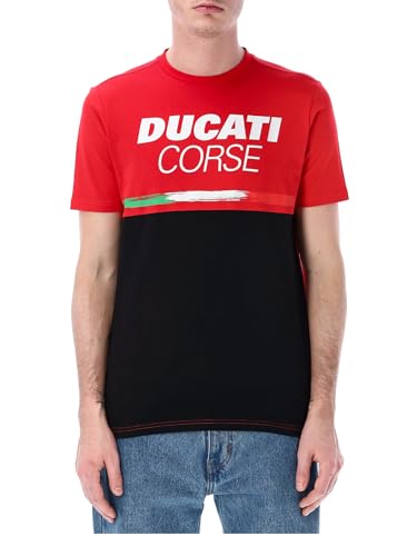 T-shirt da uomo della collezione ufficiale Ducati Racing. Base rossa con pannello nero a contrasto. Logo Ducati Corse sul petto e scudetto sul retro del colletto. Composizione: 100% cotone