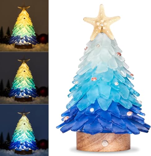 SKOOLOVE Sea Glass Christmas Tree Handcrafted Mini Christmas Tree with 3 Color LED Lights Blue Gradient Color for Table Centerpiece, Christmas Indoor Decorations, New Year, Coastal Holiday Decor